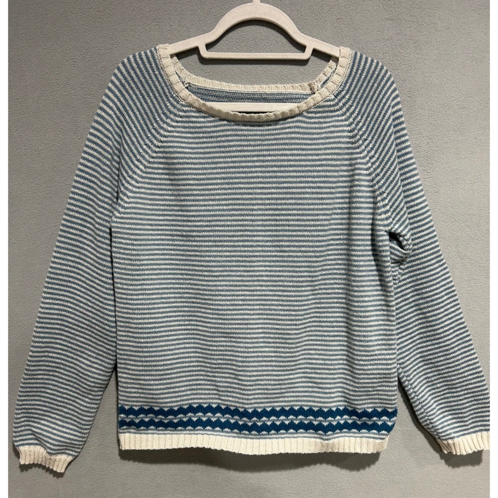 Blue White Striped Knit Sweater Women XL Raglan Long Sleeve Crew Neck